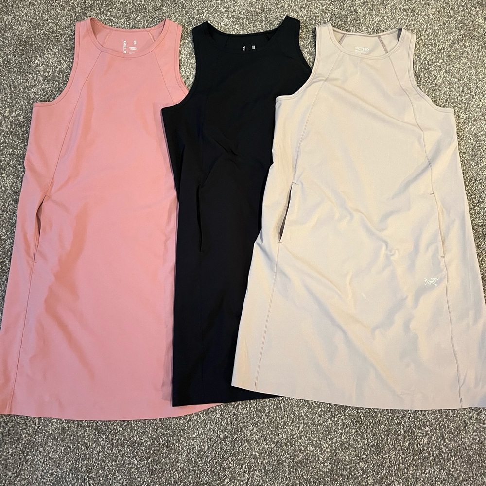 Set of Three XS Arc’Teryx Contenta Dresses in Pink, Black, and Cream/Brown